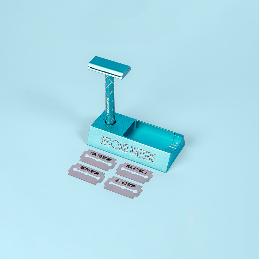Roestvrij Second Nature cyaan blauwe scheer startset met scheermesje, standaard en 4 extra mesjes